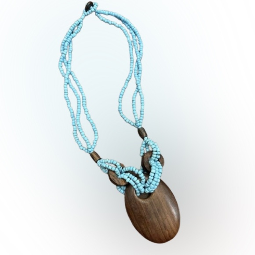 Boho Turquoise Seed Bead Necklace w/ Carved Wood Pendant